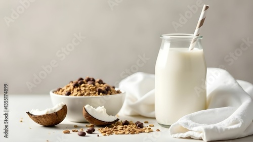 Coconut granola with vegetable milk and a straw served in a jar on a light background