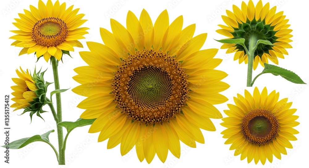 Obraz premium Sunflower 360: A Multi-Faceted Botanical Portrait on Pure White