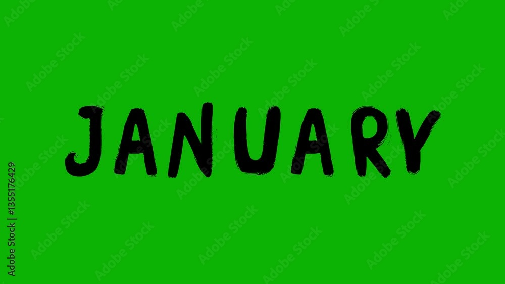 Animated black word of the month title “January” in a sloppy font on a green screen on a chroma key background Animated black word of the month title “January” in a sloppy font on a green screen on a chroma key background