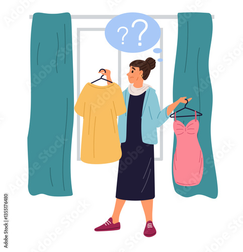 Woman chooses which dress to wear. Fitting room. Choice question. Customer trying fashionable clothing. Boutique sale. Garment fashion. Person buying clothes. Vector shopping concept