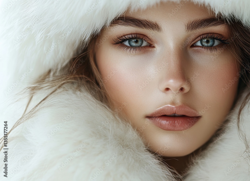 Close-up portrait of a woman in a white fur coat Close-up portrait of a woman in a white fur coat