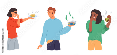 People holding smelly spoiled food in hands. Rotting meal. Stinking canned fish. Apple and cheese with mildew. Unpleasant odor. Persons suffer from stench. Detestable smells vector set