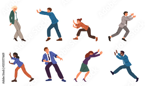 Men and women pushing in different poses. People press with efforts. Strength action. Hard work. Persons pulling and prodding blocks. Power and persistence. Vector move positions set
