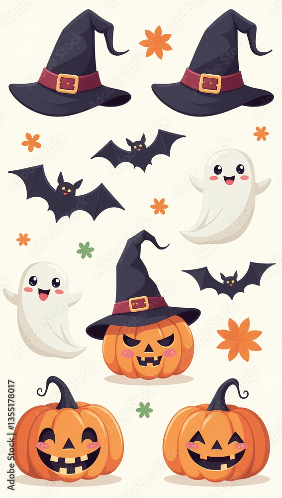 halloween elements include hats ghosts bats cute pumpkins various halloween elements include hats ghosts bats cute pumpkins various