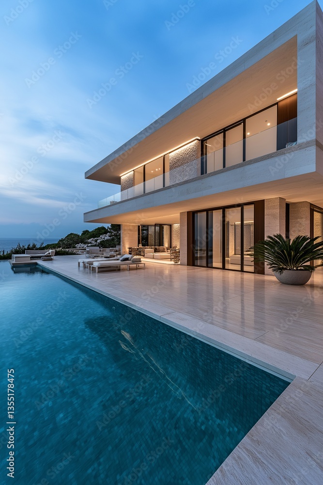 Fototapeta premium Modern home with infinity pool overlooking the twilight ocean scenery.