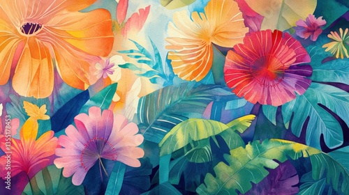 Wallpaper Mural Colorful Watercolor Painting Depicts Tropical Flowers and Lush Foliage Torontodigital.ca