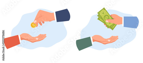 Financial donation. People helping with money. Human hands giving gold coins or dollar banknotes. Finance payment. Voluntary assistance. Charity donating. Volunteers support. Vector concept