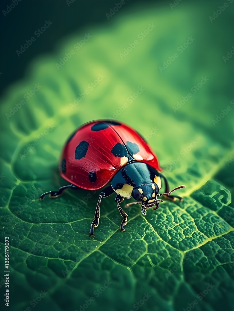 Fototapeta premium A ladybug crawling on a green leaf