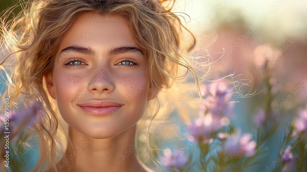 Porträt eines lächelnden Mädchens mit lockigem Haar und Sommersprossen in einer sommerlichen Blumenwiese mit Lavendel Porträt eines lächelnden Mädchens mit lockigem Haar und Sommersprossen in einer sommerlichen Blumenwiese mit Lavendel