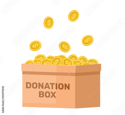 Cardboard donation box with gold coins. Financial aid. Voluntary assistance and generosity donates. Social charity contributions. Humanitarian help. Volunteers support. Vector concept
