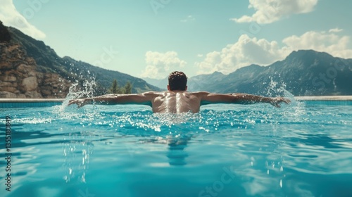 Swimming in a pool: A man swimming laps in a pristine outdoor pool surrounded by mountains, with water droplets captured in mid-air as he speeds through.