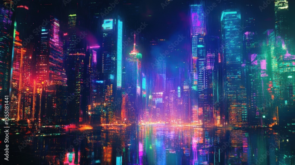 Obraz premium A futuristic city skyline reflecting vibrant lights on water
