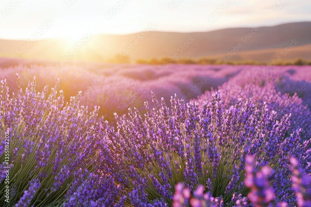 Obraz premium Sunset illuminates a vast lavender field, creating a serene and picturesque scene.