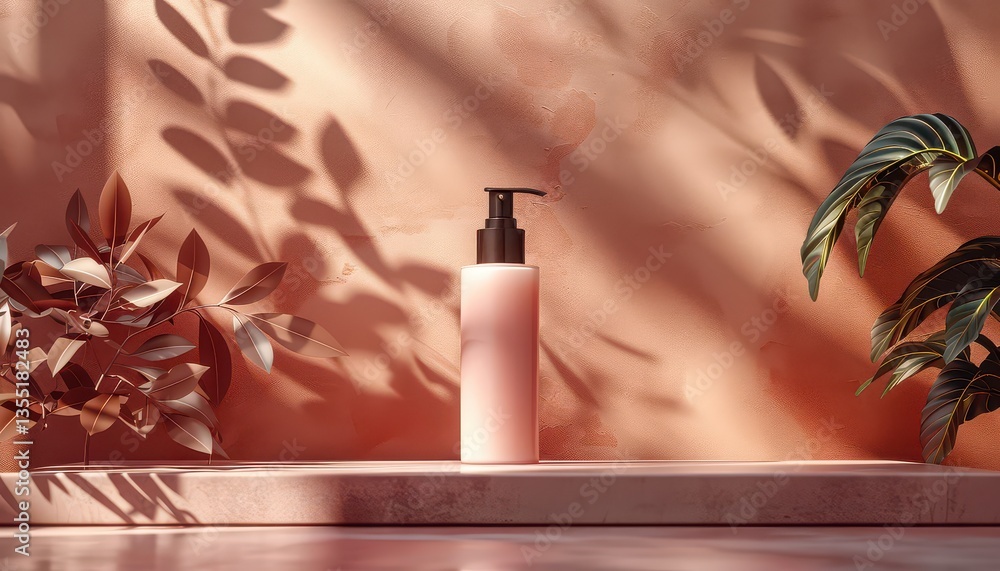 A bottle of lotion is sitting on a table next to a plant A bottle of lotion is sitting on a table next to a plant