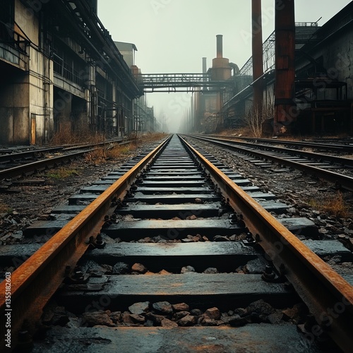 A long, unused railway track stretching through an empty industrial zone, the rails rusty and undisturbed, the silence creating a haunting atmosphere, abandoned and isolated.