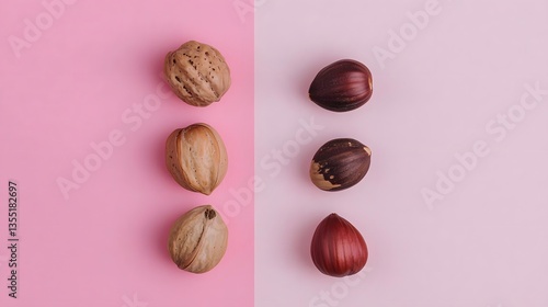 Wallpaper Mural Assorted Nuts Including Hazelnuts and Walnuts on a Pink Background with Color Contrast Torontodigital.ca