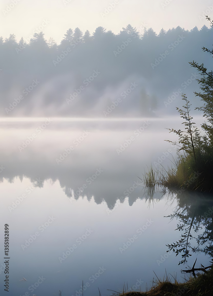 Fototapeta premium Misty Morning Reflections of Trees on a Lake