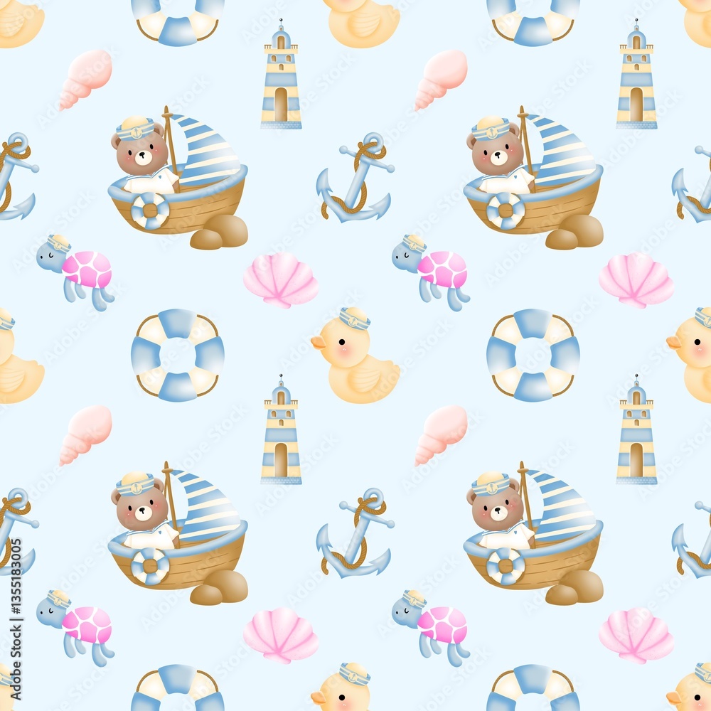 Fototapeta premium Nautical Teddy Bear Seamless Pattern