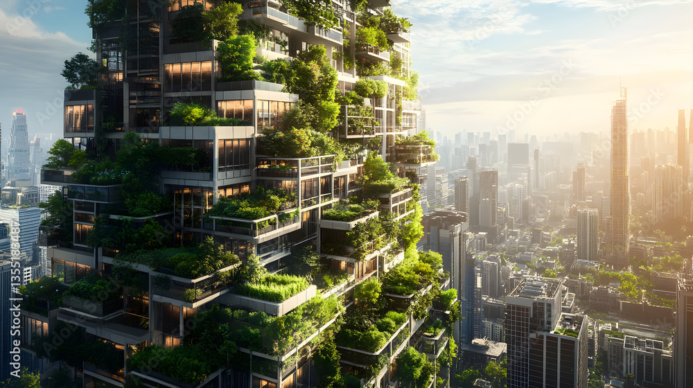 Obraz premium A high-tech city with green spaces, rooftop gardens, and vertical forests growing on skyscrapers, providing clean air and improving the quality of urban life.