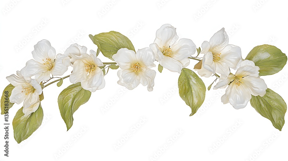 Fototapeta premium Delicate White Blossoms with Green Leaves Arranged Elegantly in a Floral Composition