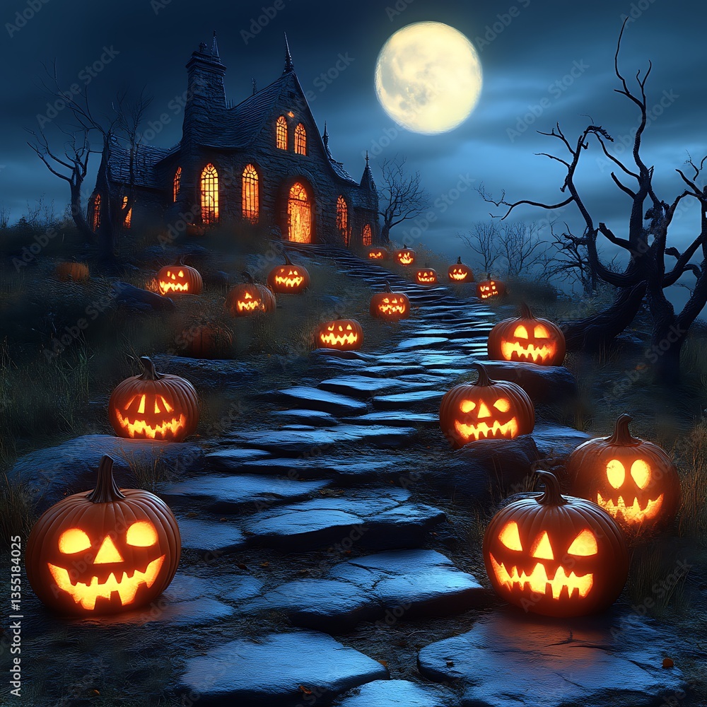 Spooky Halloween night scene with pumpkins leading to a gothic castle. Spooky Halloween night scene with pumpkins leading to a gothic castle.