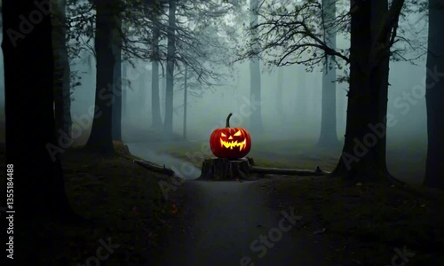 A spooky forest path with glowing jack-o’-lanterns, their faces casting warm light onto the eerie, fog-filled woods. The trees loom darkly overhead. Halloween cinematic aesthetic
