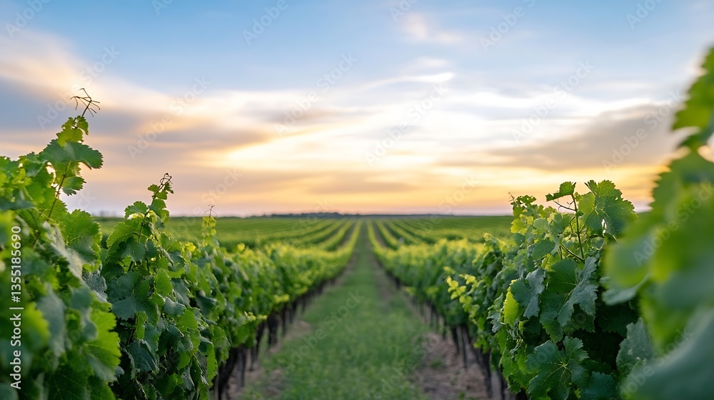 Naklejka premium Vast vineyard stretching into the distance under a colorful sky during sunset : Generative AI