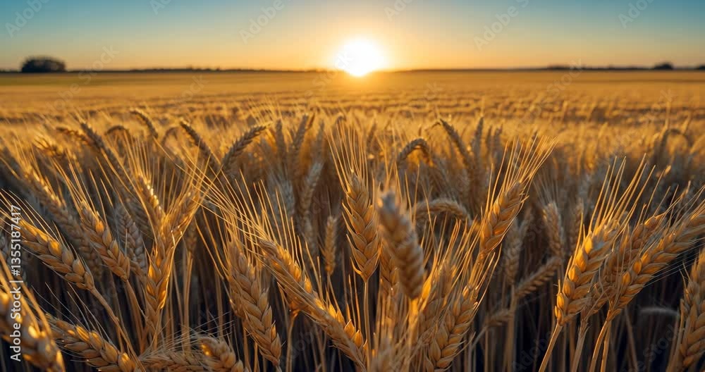 A golden wheat field with the sun setting behind it. The sun is positioned low on the horizon, providing a warm illumination over the field. The sky is bright blue and clear, completely free of