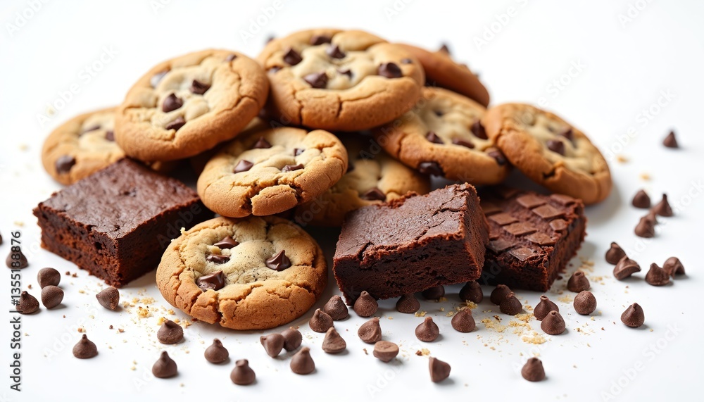 Homemade chocolate chip cookies brownies with crumble. Sweet crunchy pastry dessert, snack, and bite. Isolated on white background, cocoa chips scattered around. Temptation, hunger, and indulgence. Homemade chocolate chip cookies brownies with crumble. Sweet crunchy pastry dessert, snack, and bite. Isolated on white background, cocoa chips scattered around. Temptation, hunger, and indulgence.