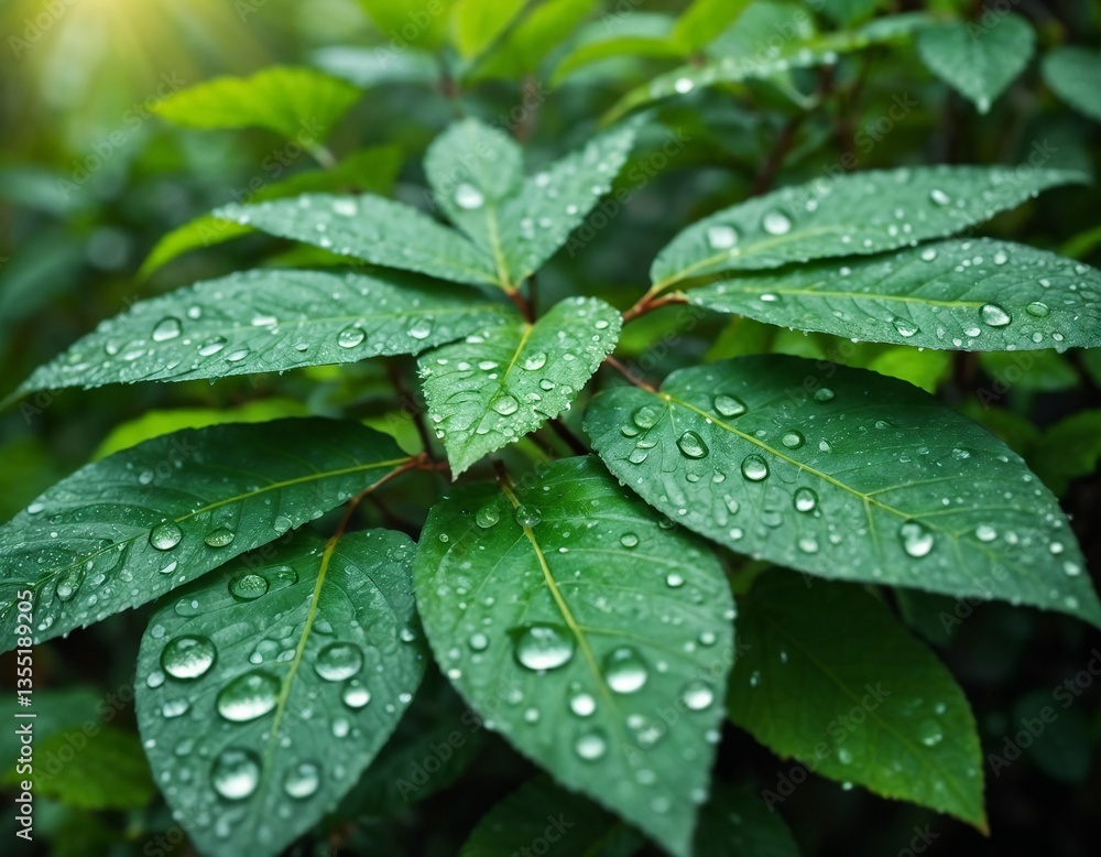 Fresh Dewdrops on Vibrant Green Leaves in Macro Photography Style Fresh Dewdrops on Vibrant Green Leaves in Macro Photography Style