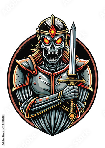 A terrifying undead medieval knight, decaying armor, skeletal features visible, wielding a rusty sword, amidst a dark, gothic setting.