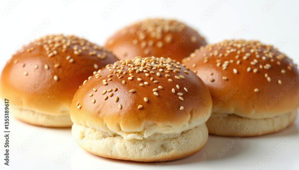 Four soft, sesame-seed topped hamburger buns on white background. Freshly baked, perfect for homemade burger. Delicious bakery food, ready for sandwich or snack. Four soft, sesame-seed topped hamburger buns on white background. Freshly baked, perfect for homemade burger. Delicious bakery food, ready for sandwich or snack.