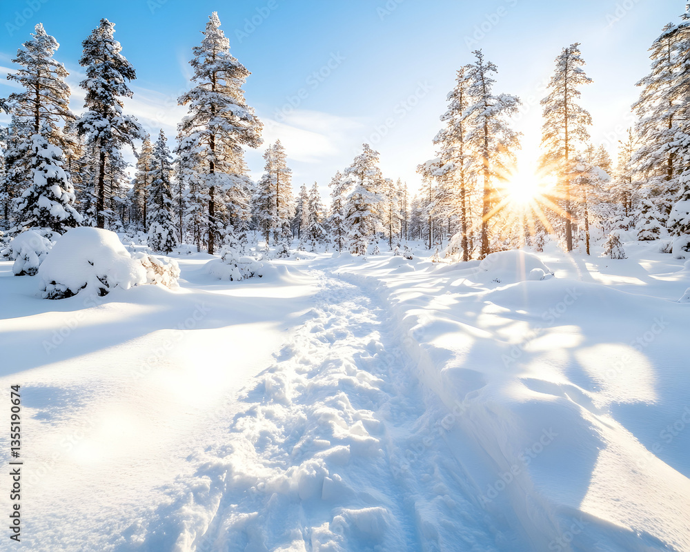 Obraz premium Snowy Winter Path Through Forest