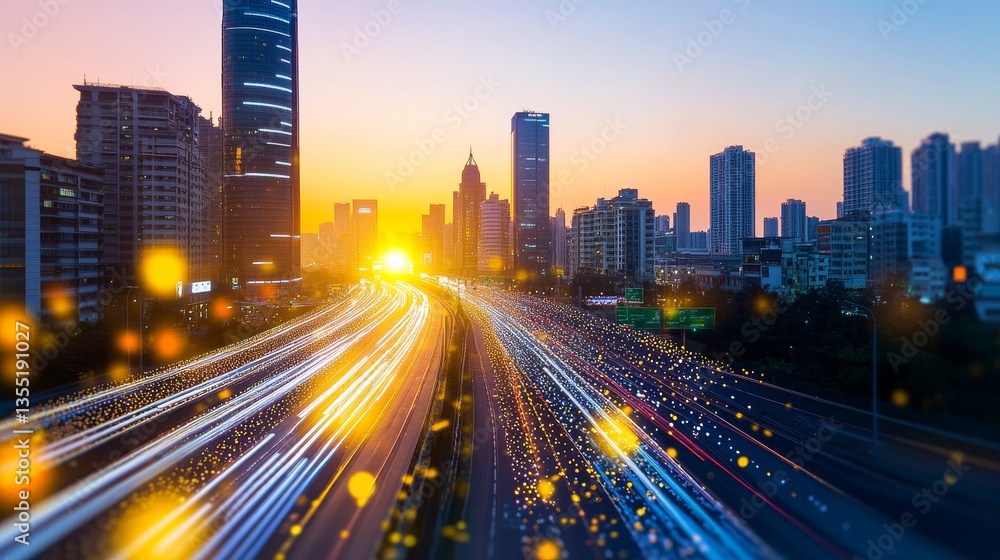 Sunset over a bustling city skyline with light trails from busy traffic on a highway Sunset over a bustling city skyline with light trails from busy traffic on a highway
