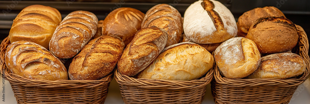 A tempting display of freshly baked loaves of bread arranged in rustic wicker baskets, appealing to artisanal bread enthusiasts. A tempting display of freshly baked loaves of bread arranged in rustic wicker baskets, appealing to artisanal bread enthusiasts.