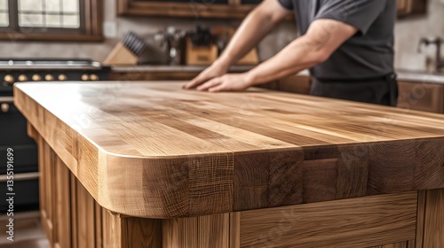 Skilled craftsman aligning a solid oak countertop in a cozy kitchen workshop during the late afternoon light