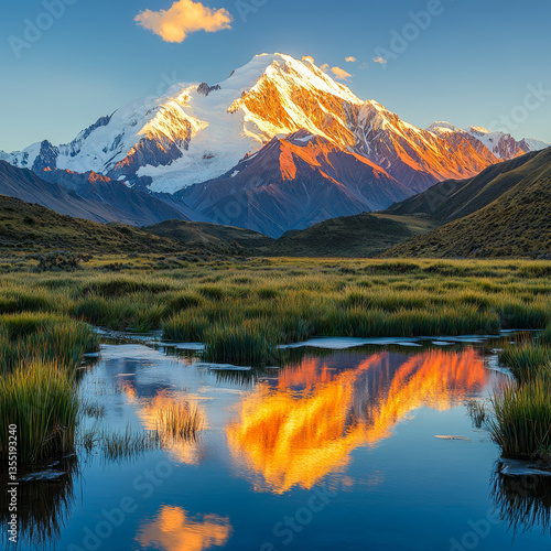 A majestic snow-capped mountain is illuminated by the warm glow of sunset, reflecting beautifully in a calm lake surrounded by greenery