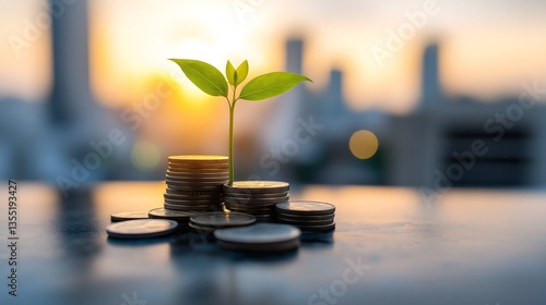 Small plant sprouts from a stack of coins in an urban setting during sunset, symbolizing growth and prosperity