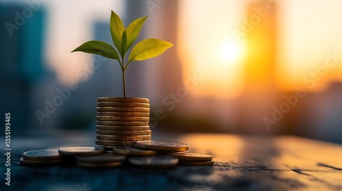 Small plant sprouts from a stack of coins in a dynamic urban environment during sunset, symbolizing growth and prosperity