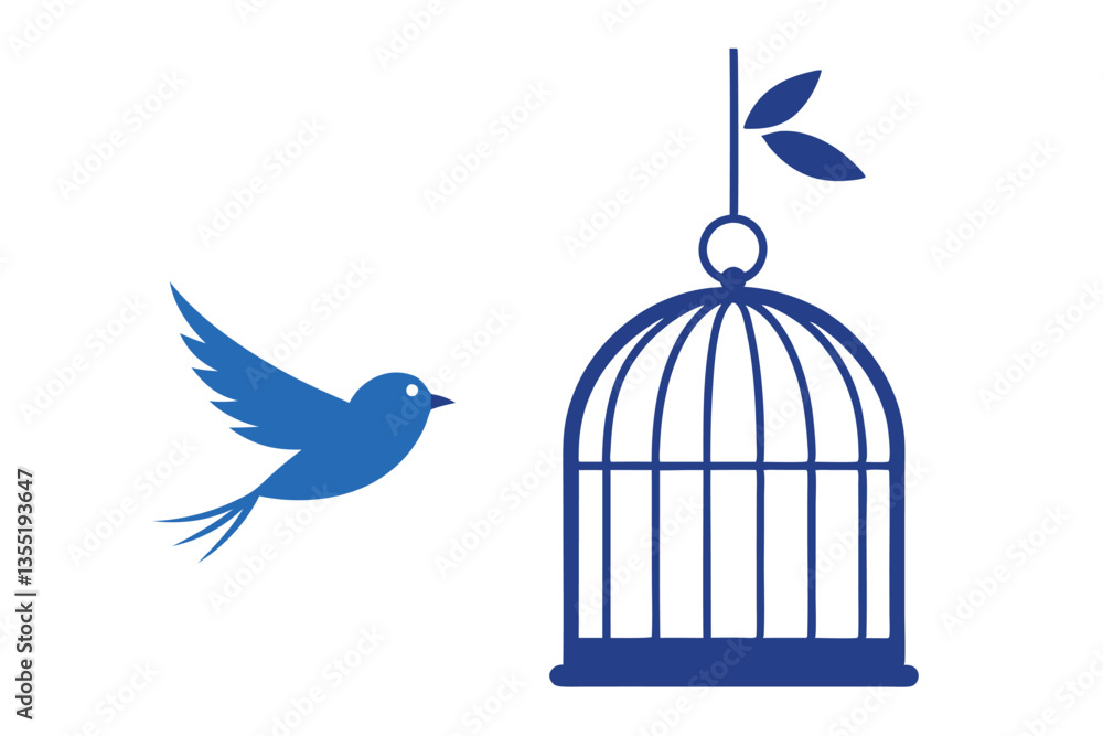Fototapeta premium Bird Flying Near a Blue Birdcage with Leaves on White, Freedom, Symbolism