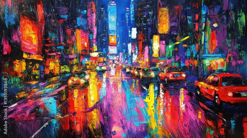 Obraz premium A colorful cityscape painted to depict a busy urban street scene