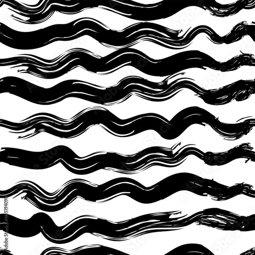 black and white dry brush seamless pattern with handpainted waves brushstrokes