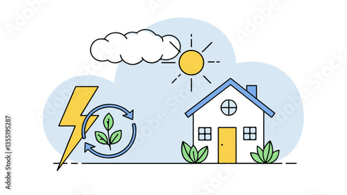 Eco house clean energy. Sun cloud plants lightning. Green power renewable resources. Line art flat lay vector illustration