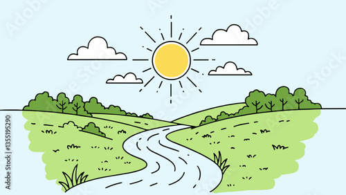 Cartoon landscape illustration. Sun clouds river green hills. Nature travel vacation background. Flat lay pastel background vector illustration