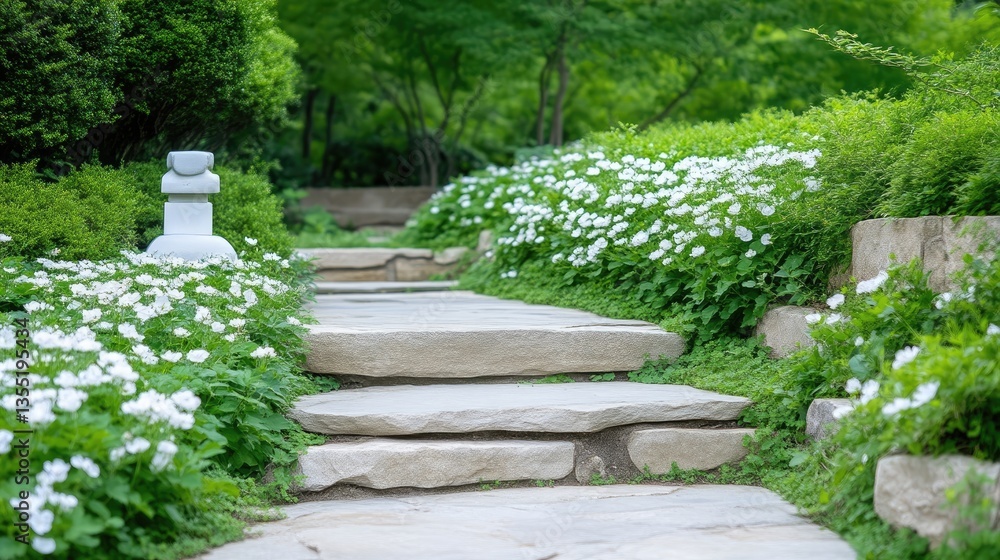 Tranquil stone path winding through a lush garden, filled with white flowers and greenery Tranquil stone path winding through a lush garden, filled with white flowers and greenery