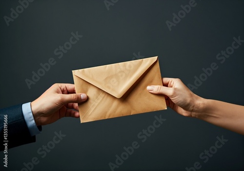 Close-up image of two hands exchanging a sealed envelope, conveying the action of handing over important documents or messages
