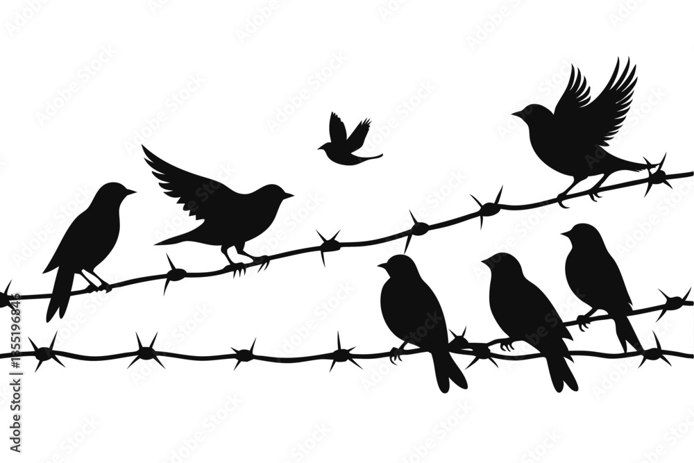 Fototapeta premium Birds on Barbed Wire Silhouette Freedom, Nature, Hope, Black and White Minimalist Style