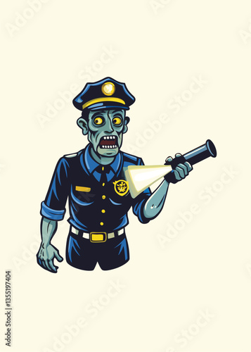 A decaying zombie police officer, in uniform, grips a burning flare, amidst a post-apocalyptic cityscape.  Render in gritty detail.