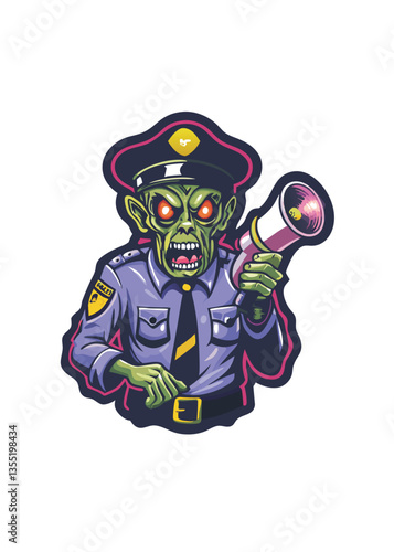 A decayed zombie police officer, uniform tattered, clutching a flickering flashlight, stands amidst urban decay.  Detailed, gritty, horror style.