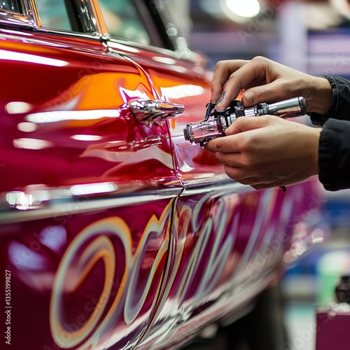 A person carefully painting a carâ€™s side panels with an airbrush, fine-tuning the details to ensure the color is applied evenly, focused and artistic.